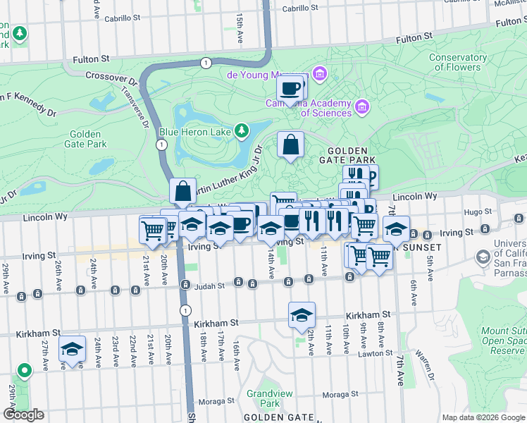 map of restaurants, bars, coffee shops, grocery stores, and more near 1301 Lincoln Way in San Francisco