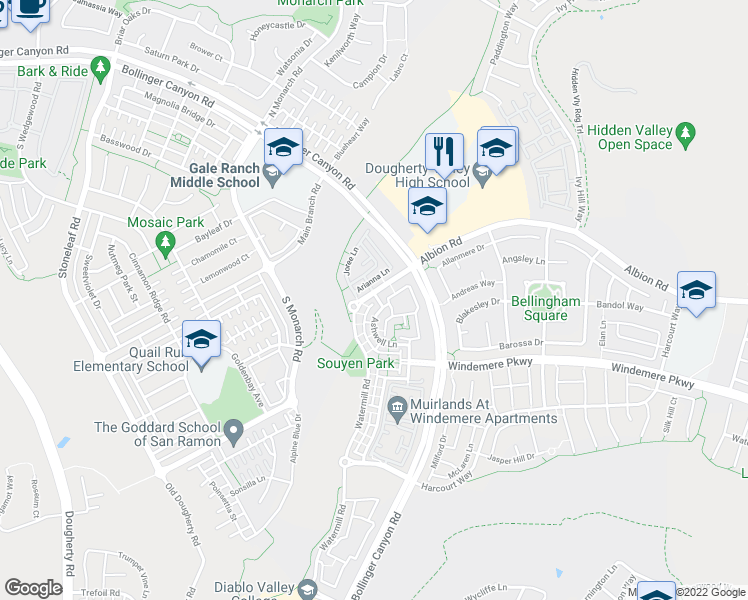 map of restaurants, bars, coffee shops, grocery stores, and more near 10035 Albion Road in San Ramon
