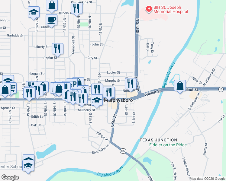map of restaurants, bars, coffee shops, grocery stores, and more near 500 North Street in Murphysboro