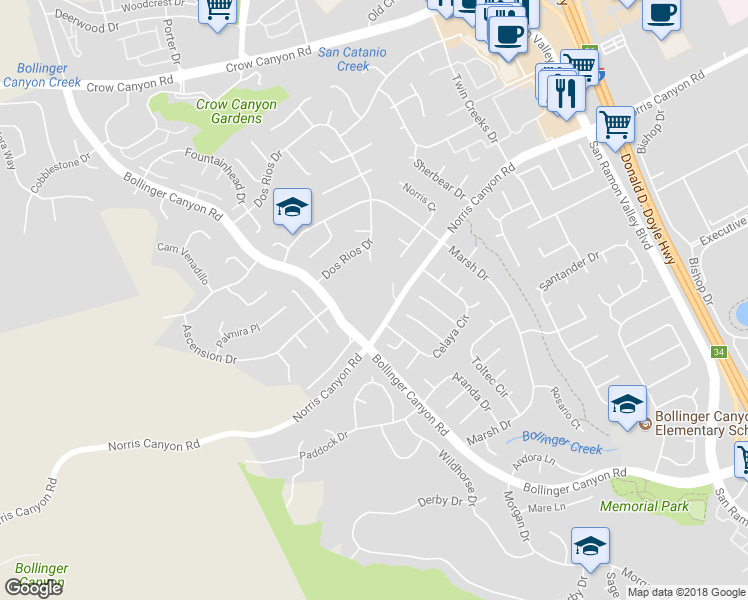 map of restaurants, bars, coffee shops, grocery stores, and more near 3686 Norris Canyon Road in San Ramon
