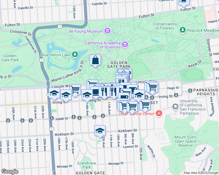 map of restaurants, bars, coffee shops, grocery stores, and more near 1222 11th Avenue in San Francisco