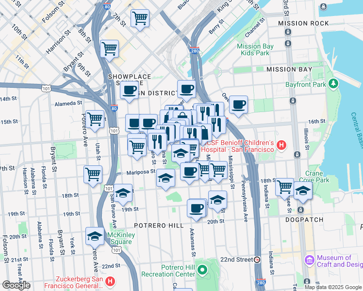 map of restaurants, bars, coffee shops, grocery stores, and more near 75 Arkansas Street in San Francisco