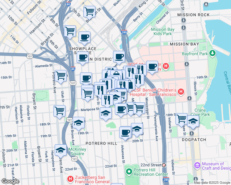 map of restaurants, bars, coffee shops, grocery stores, and more near 88 Arkansas Street in San Francisco