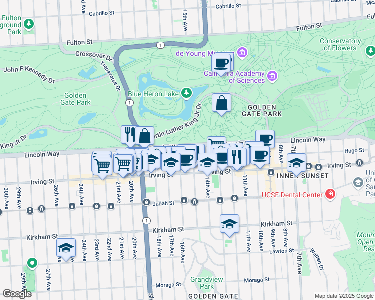 map of restaurants, bars, coffee shops, grocery stores, and more near 1431 Lincoln Way in San Francisco