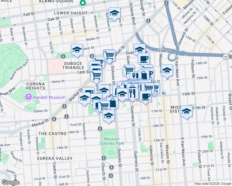 map of restaurants, bars, coffee shops, grocery stores, and more near 265 Dolores Street in San Francisco