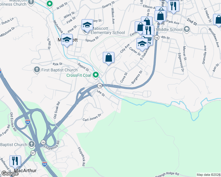 map of restaurants, bars, coffee shops, grocery stores, and more near 141-199 Frontier Street in Beckley