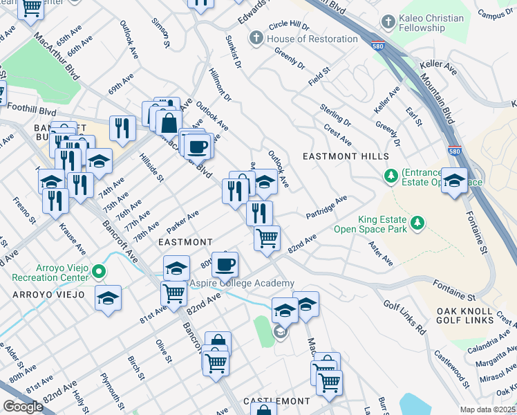 map of restaurants, bars, coffee shops, grocery stores, and more near 7929 Ney Avenue in Oakland
