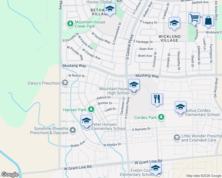 map of restaurants, bars, coffee shops, grocery stores, and more near 1005 South Fowler Lane in Tracy