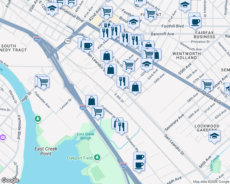 map of restaurants, bars, coffee shops, grocery stores, and more near 801 51st Avenue in Oakland
