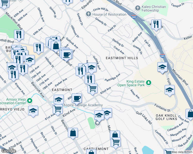 map of restaurants, bars, coffee shops, grocery stores, and more near 7950 Ney Avenue in Oakland