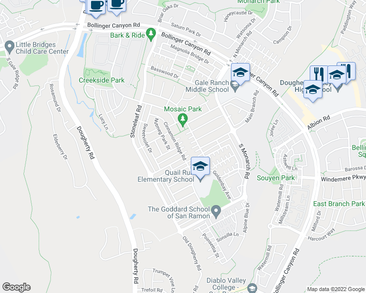 map of restaurants, bars, coffee shops, grocery stores, and more near 1421 Bayberry View Lane in San Ramon