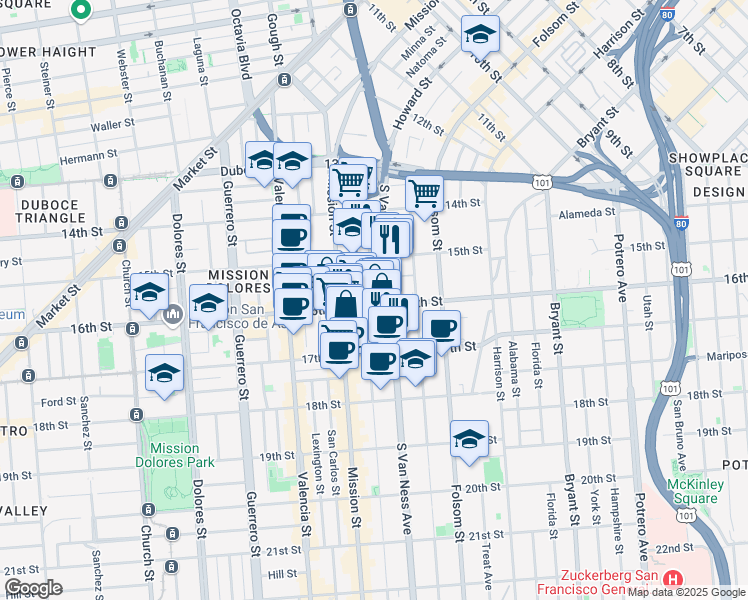 map of restaurants, bars, coffee shops, grocery stores, and more near 25 Adair Street in San Francisco