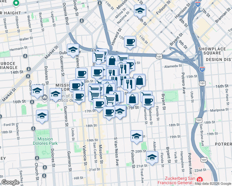 map of restaurants, bars, coffee shops, grocery stores, and more near in San Francisco