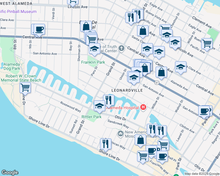 map of restaurants, bars, coffee shops, grocery stores, and more near 1724 Clinton Avenue in Alameda