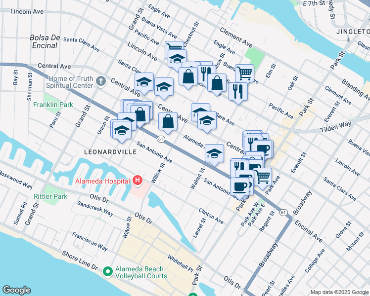 map of restaurants, bars, coffee shops, grocery stores, and more near 2121 Encinal Avenue in Alameda