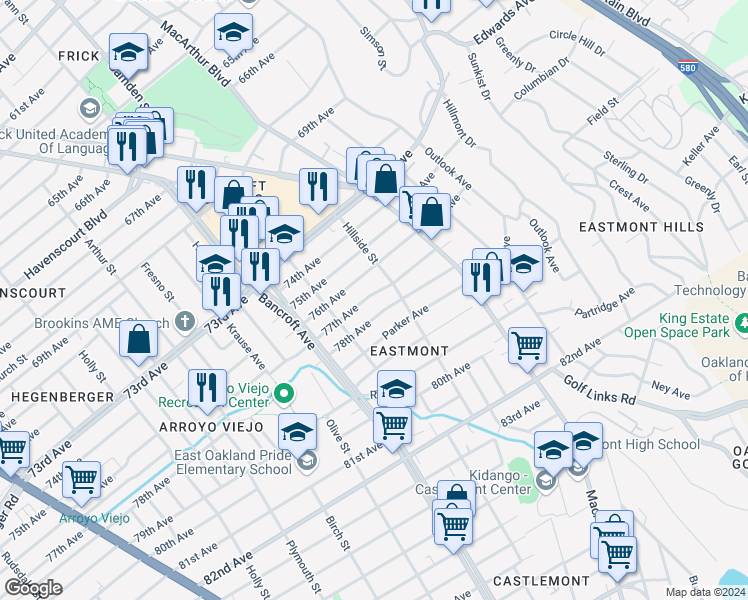 map of restaurants, bars, coffee shops, grocery stores, and more near 2668 77th Avenue in Oakland