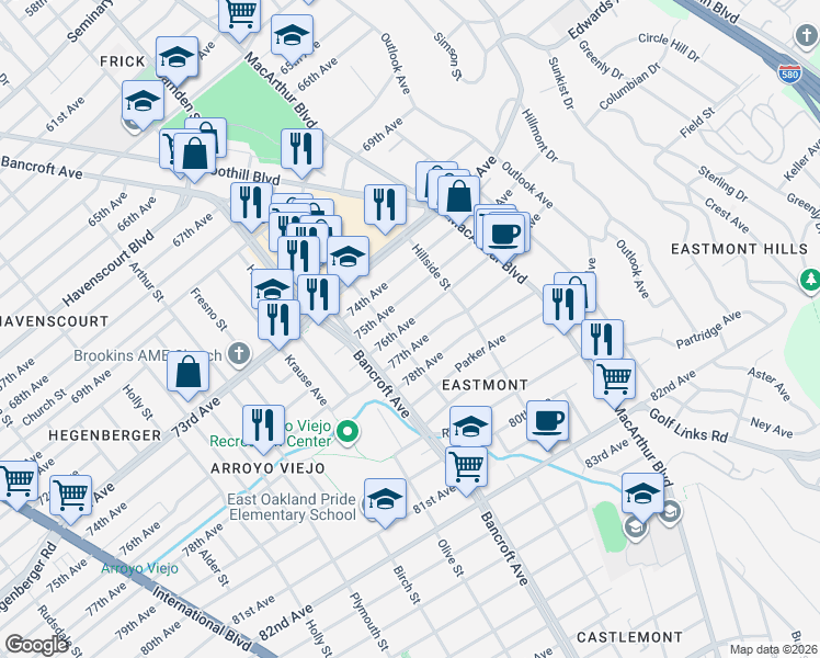 map of restaurants, bars, coffee shops, grocery stores, and more near 2611 76th Avenue in Oakland