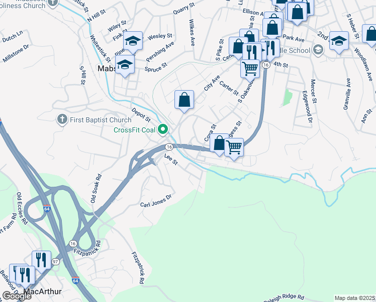 map of restaurants, bars, coffee shops, grocery stores, and more near 141-199 Frontier Street in Beckley