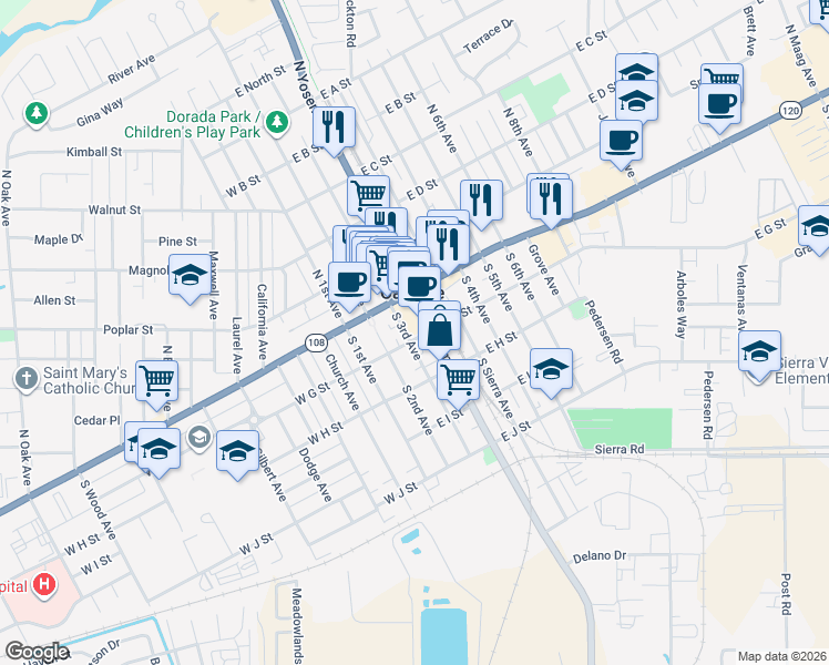 map of restaurants, bars, coffee shops, grocery stores, and more near 161 South 3rd Avenue in Oakdale