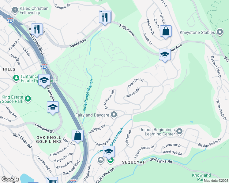 map of restaurants, bars, coffee shops, grocery stores, and more near 4400 Saint Andrews Road in Oakland