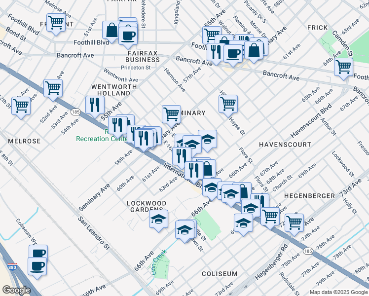 map of restaurants, bars, coffee shops, grocery stores, and more near 6124 East 17th Street in Oakland