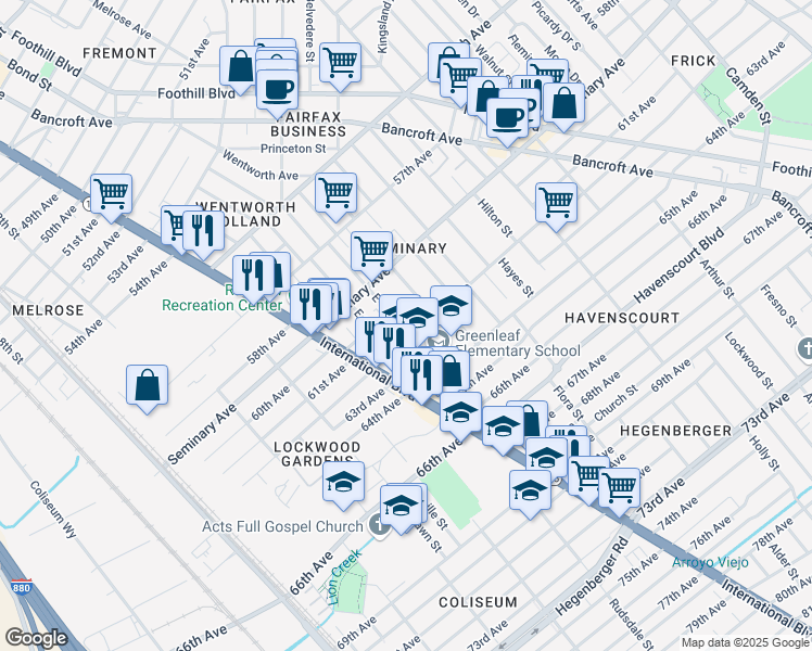 map of restaurants, bars, coffee shops, grocery stores, and more near 6124 East 17th Street in Oakland