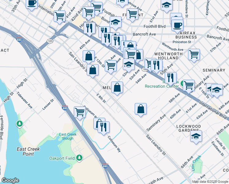 map of restaurants, bars, coffee shops, grocery stores, and more near in Oakland