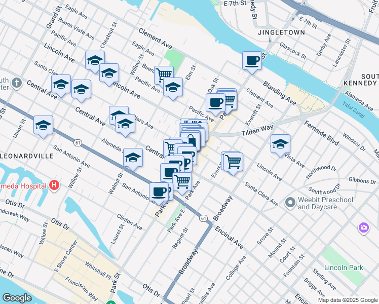 map of restaurants, bars, coffee shops, grocery stores, and more near 2318 Santa Clara Avenue in Alameda