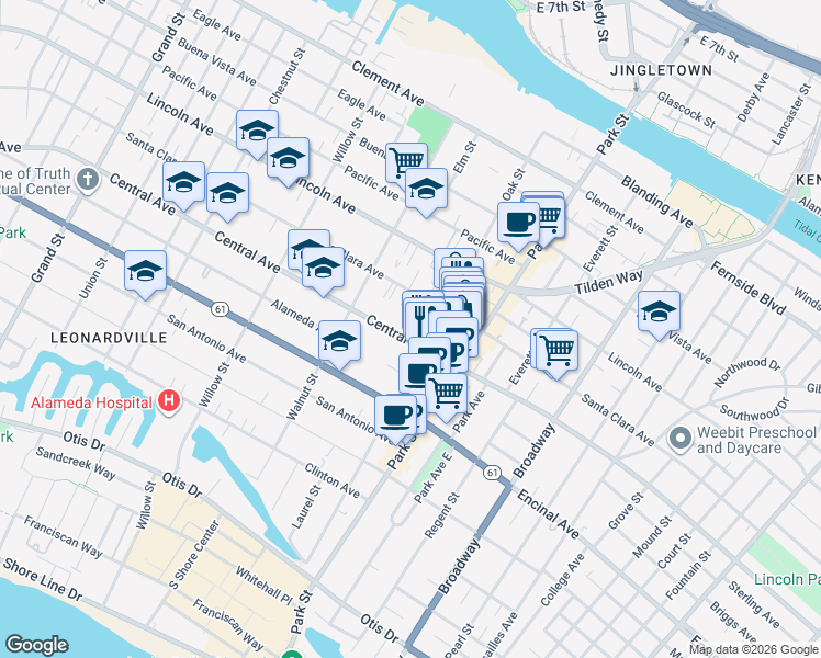 map of restaurants, bars, coffee shops, grocery stores, and more near in Alameda