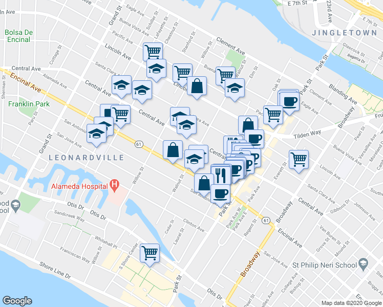 map of restaurants, bars, coffee shops, grocery stores, and more near 1307 Walnut Street in Alameda