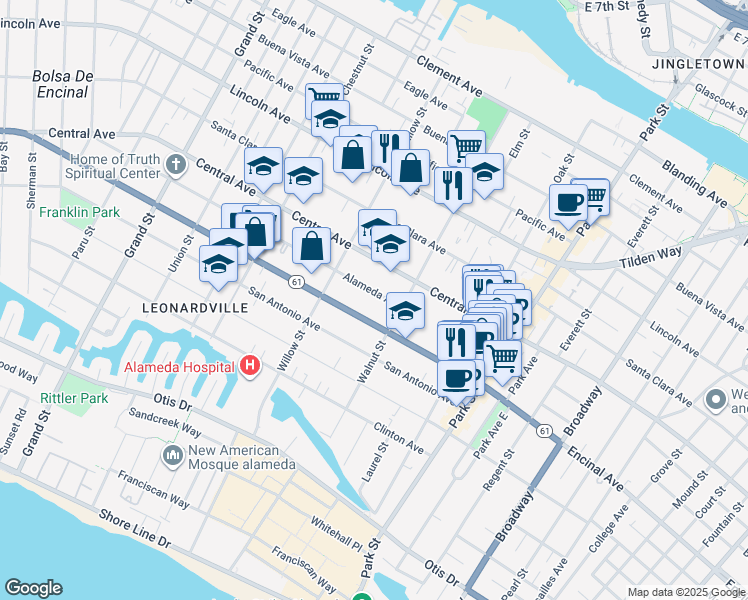 map of restaurants, bars, coffee shops, grocery stores, and more near 2152 Alameda Avenue in Alameda