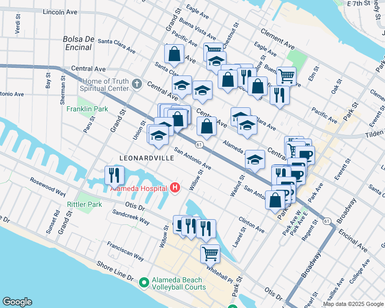 map of restaurants, bars, coffee shops, grocery stores, and more near 2033 San Antonio Avenue in Alameda