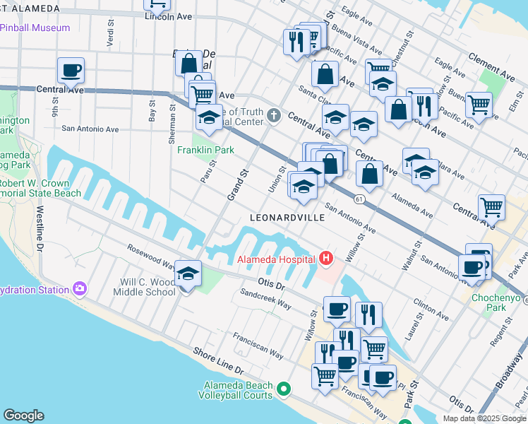 map of restaurants, bars, coffee shops, grocery stores, and more near 916 Union Street in Alameda
