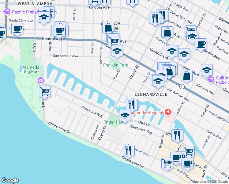 map of restaurants, bars, coffee shops, grocery stores, and more near 1600 Dayton Avenue in Alameda
