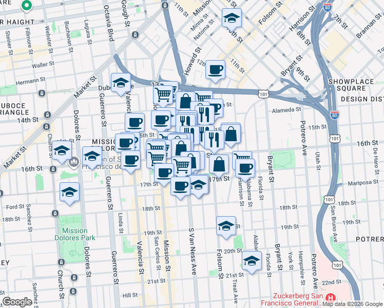 map of restaurants, bars, coffee shops, grocery stores, and more near in San Francisco