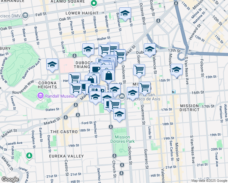 map of restaurants, bars, coffee shops, grocery stores, and more near 345 Church Street in San Francisco