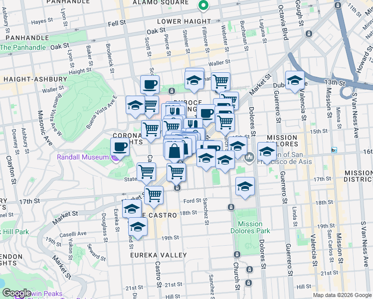 map of restaurants, bars, coffee shops, grocery stores, and more near 200-204 Noe Street in San Francisco