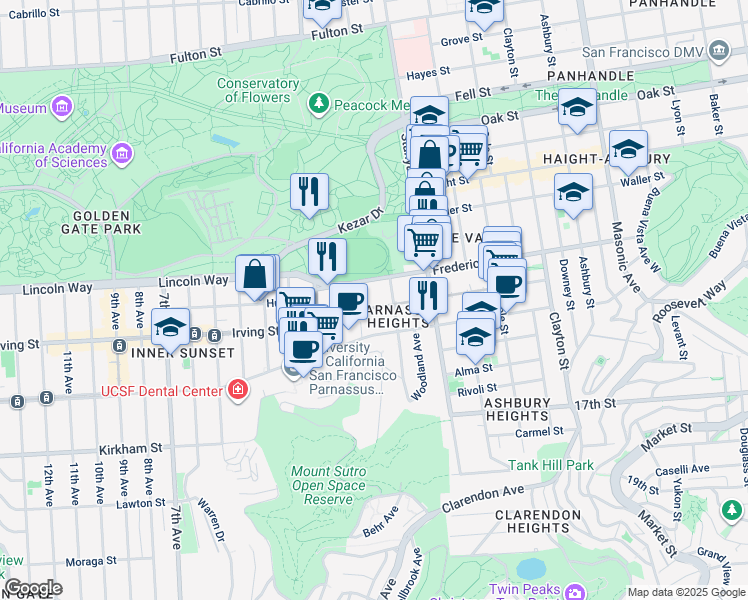 map of restaurants, bars, coffee shops, grocery stores, and more near 344 Carl Street in San Francisco