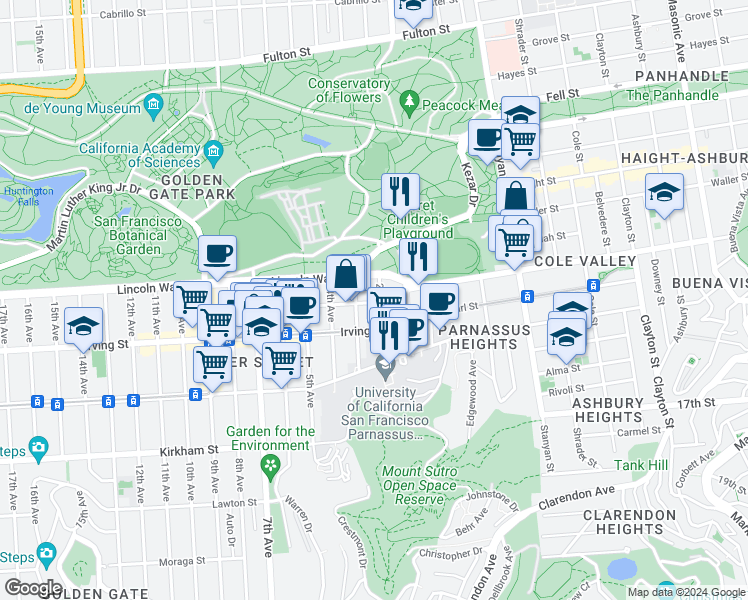 map of restaurants, bars, coffee shops, grocery stores, and more near 1242 2nd Avenue in San Francisco