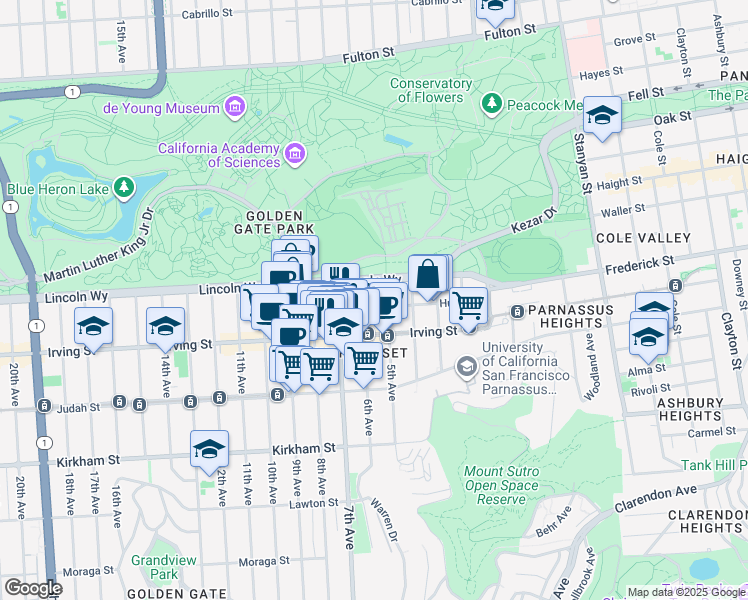 map of restaurants, bars, coffee shops, grocery stores, and more near 1234 6th Avenue in San Francisco