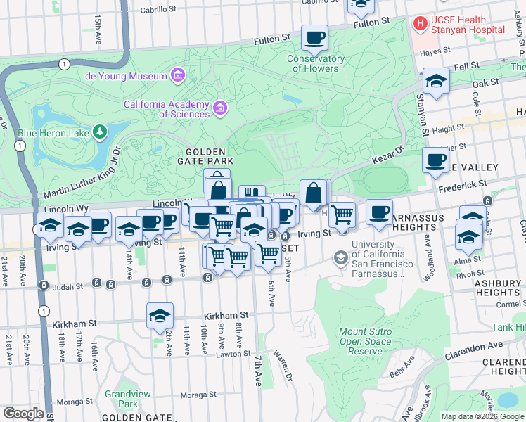 map of restaurants, bars, coffee shops, grocery stores, and more near 1234 6th Avenue in San Francisco