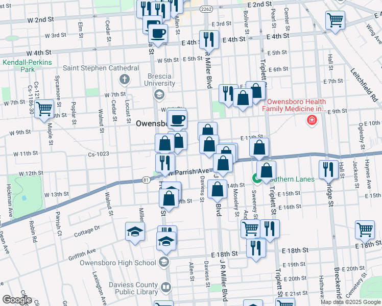 map of restaurants, bars, coffee shops, grocery stores, and more near 119 E 12th St in Owensboro