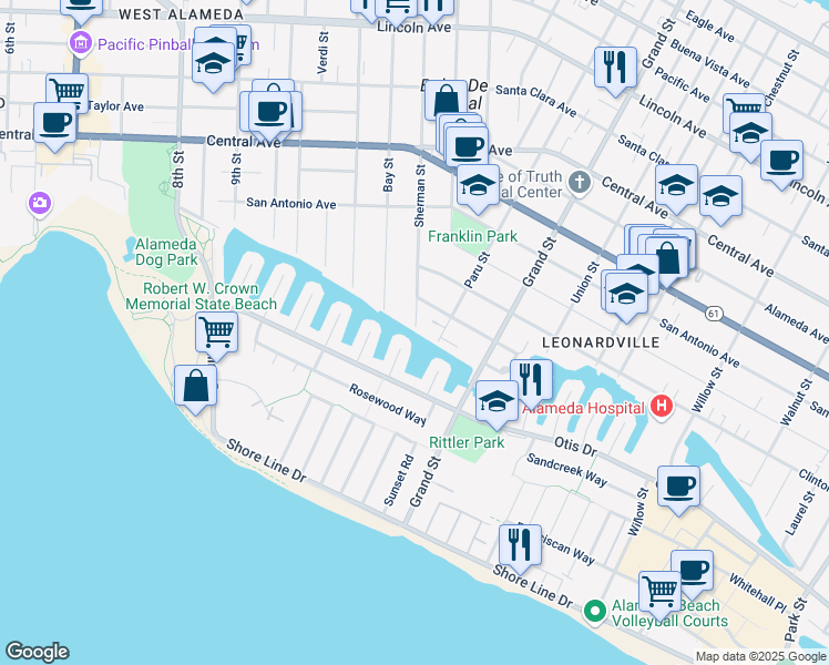map of restaurants, bars, coffee shops, grocery stores, and more near 1000 Sherman Street in Alameda