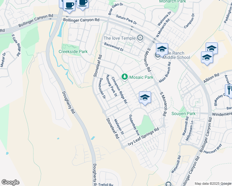 map of restaurants, bars, coffee shops, grocery stores, and more near 3308 Nutmeg Park Street in San Ramon