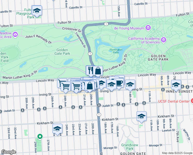 map of restaurants, bars, coffee shops, grocery stores, and more near 19th Ave & Lincoln Way in San Francisco