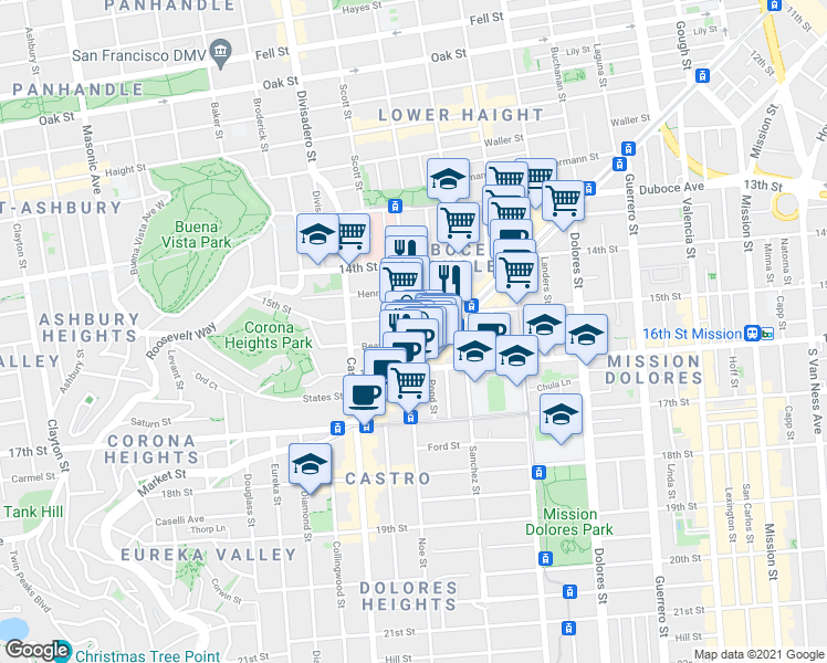 map of restaurants, bars, coffee shops, grocery stores, and more near 229 Noe Street in San Francisco