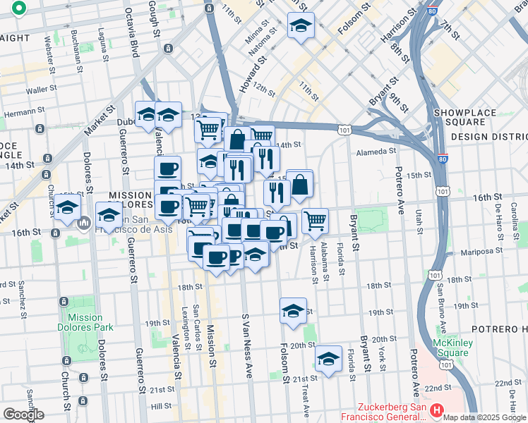 map of restaurants, bars, coffee shops, grocery stores, and more near 2840 16th Street in San Francisco