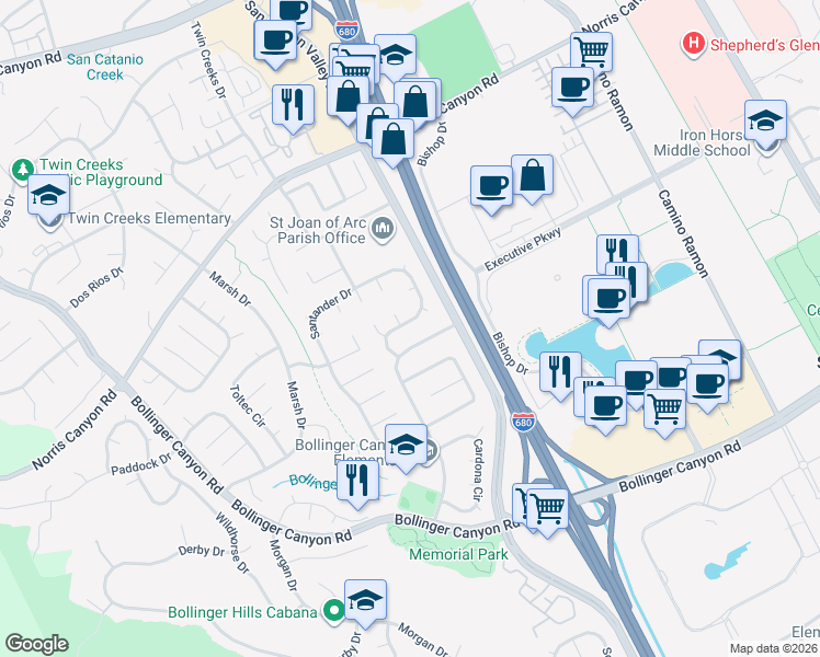 map of restaurants, bars, coffee shops, grocery stores, and more near 612 Santander Drive in San Ramon