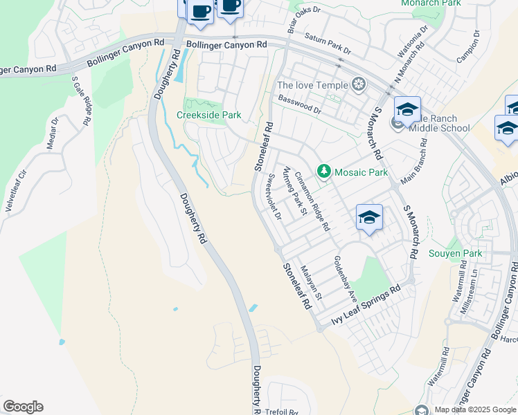 map of restaurants, bars, coffee shops, grocery stores, and more near 7712 Stoneleaf Road in San Ramon
