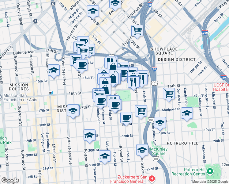 map of restaurants, bars, coffee shops, grocery stores, and more near 2401 16th Street in San Francisco